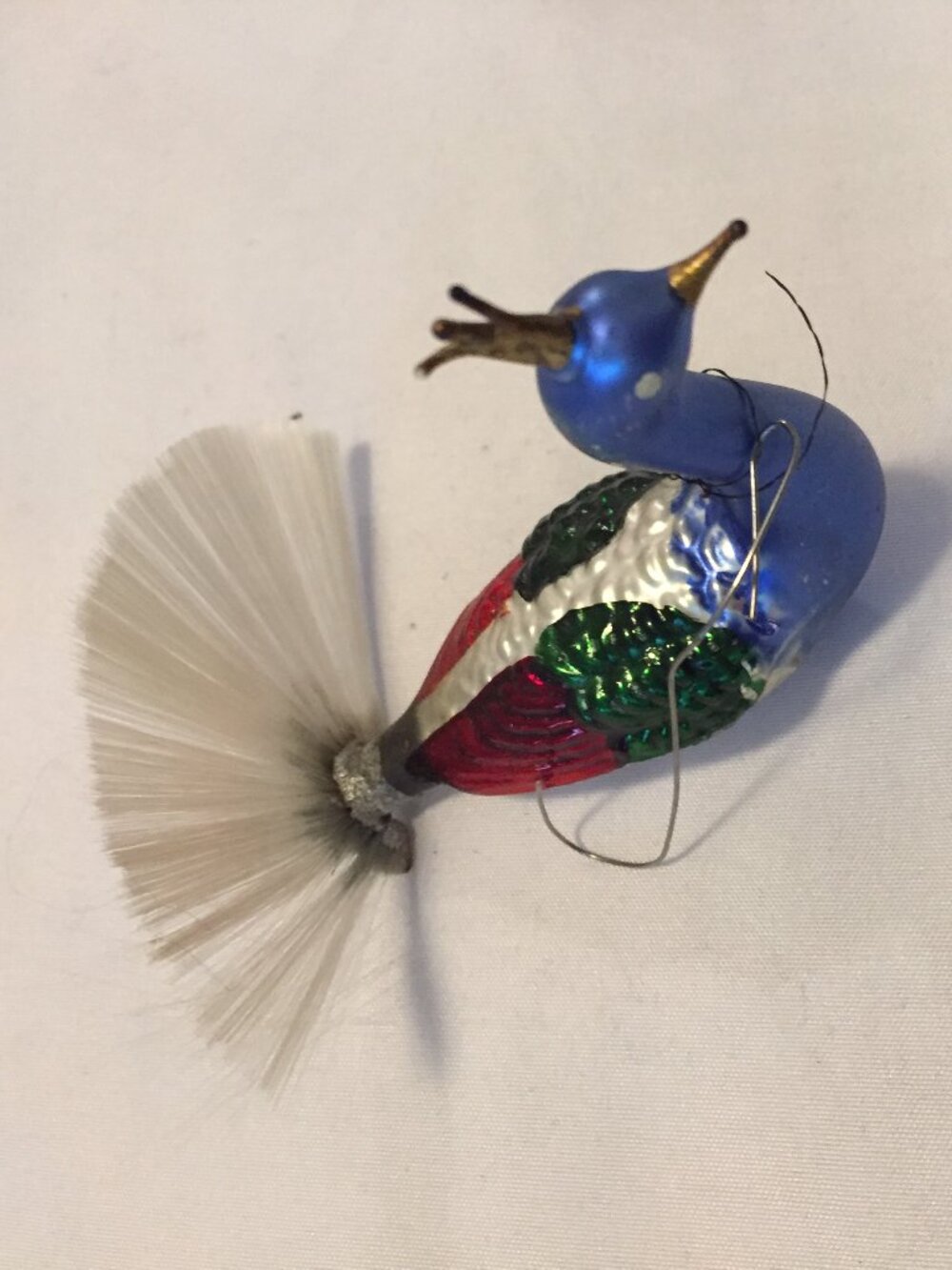 Vintage Glass PEACOCK Spun Glass Fan Tail Christmas Ornament No Clip/Unmarked Co